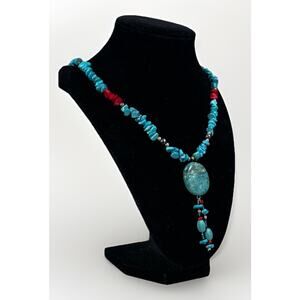 VTG Southwestern Turquoise, Coral Sterling SIlver Beaded Pendant Necklace- 49.4g